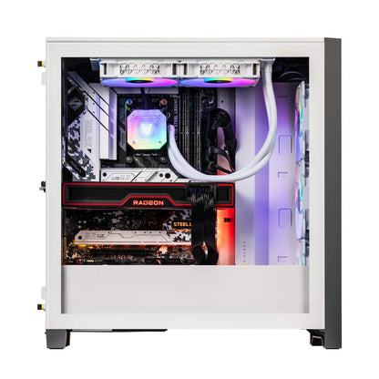 White PC gaming desktop with RGB-lit CPU cooler, Radeon graphics card, and multiple cooling fans inside case