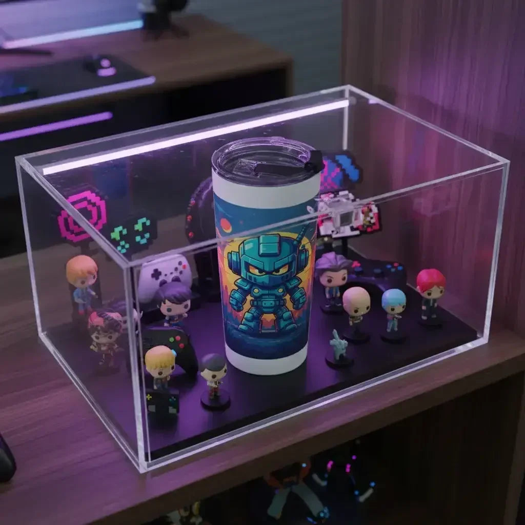 Clear display case with gaming-themed tumbler and mini collectible figurines inside on wooden desk