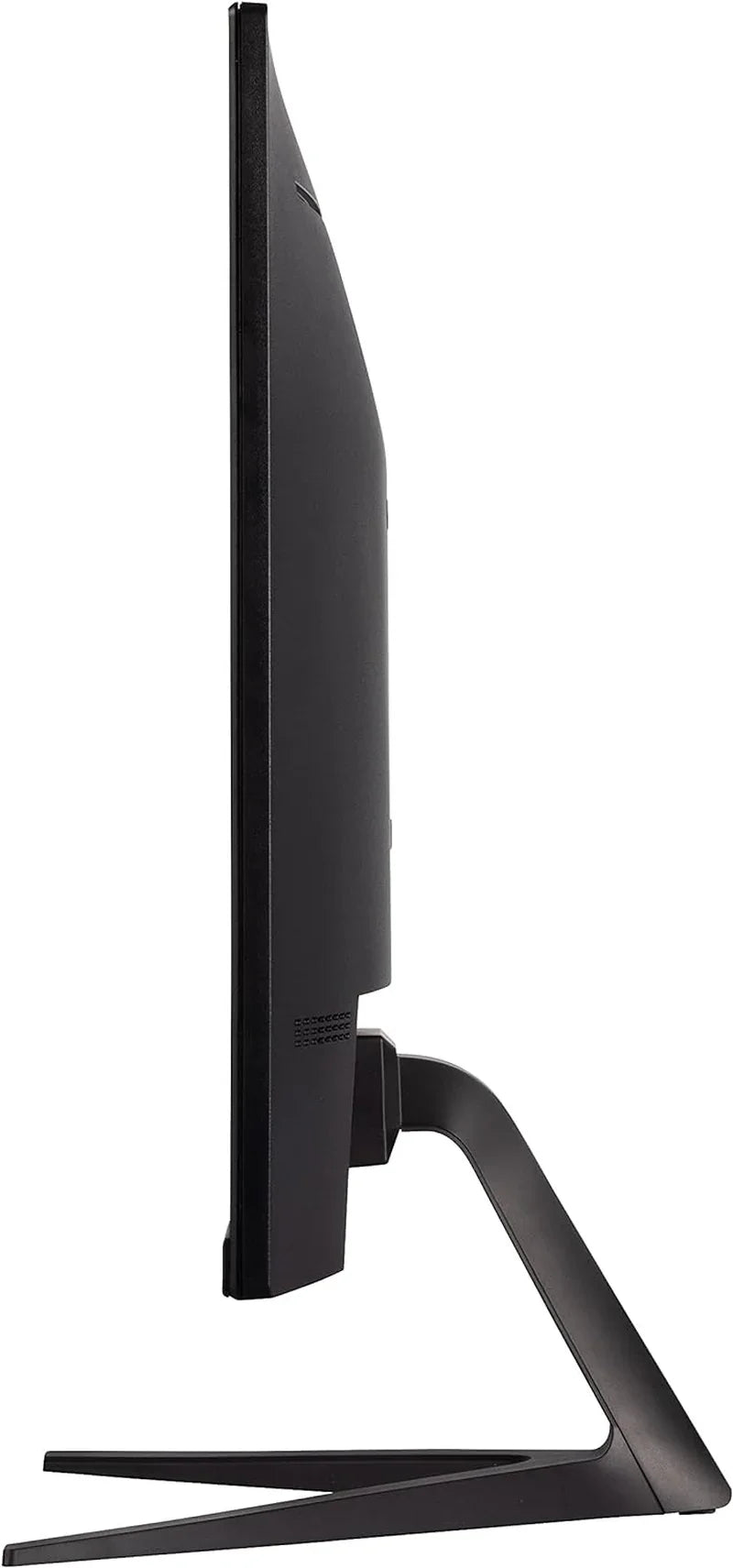 Side view of a sleek black gaming monitor with a curved ergonomic stand on a white background