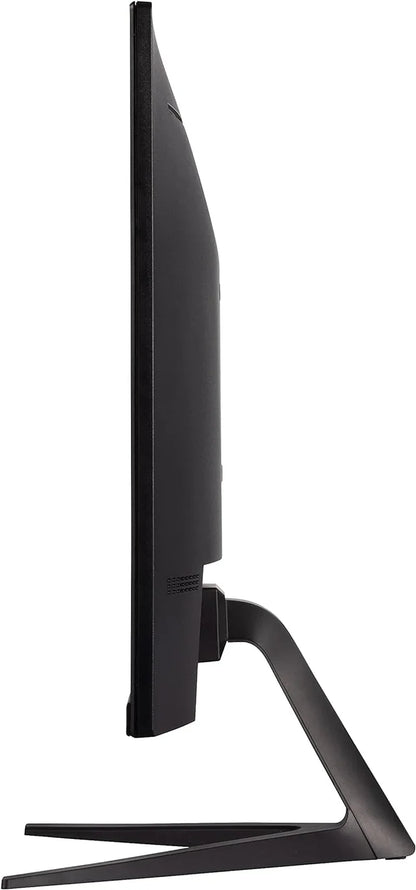 Side view of a sleek black gaming monitor with a curved ergonomic stand on a white background