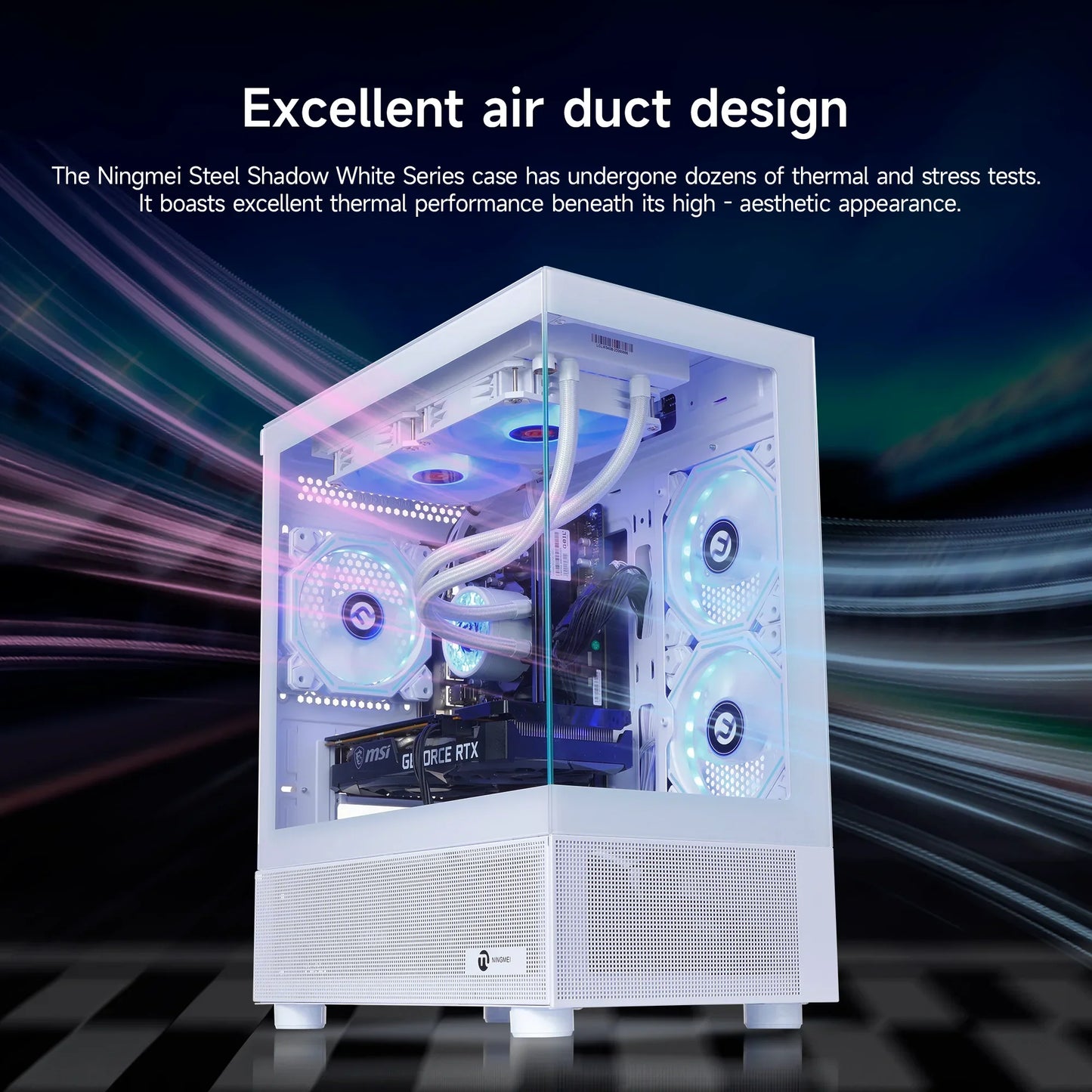 Ningmei Steel Shadow White Series PC case with RGB fans and NVIDIA GeForce RTX GPU showcasing advanced air duct design