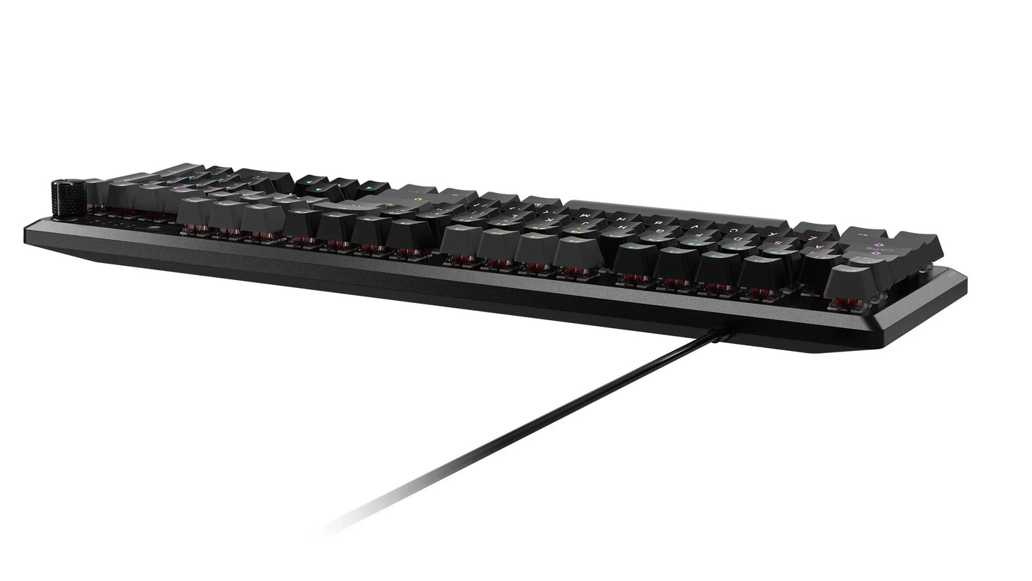 Black RGB mechanical gaming keyboard with raised keycaps, wired, on white background