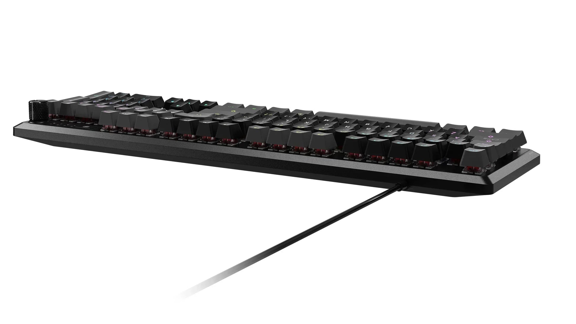 Black RGB mechanical gaming keyboard with raised keycaps, wired, on white background
