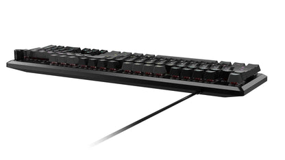 Black RGB mechanical gaming keyboard with raised keycaps, wired, on white background