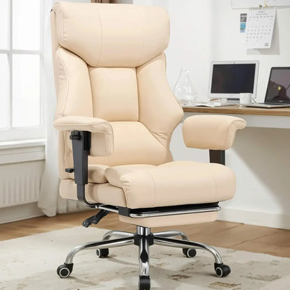 Cream ergonomic office chair with lumbar support, adjustable arms, and chrome base in home workspace