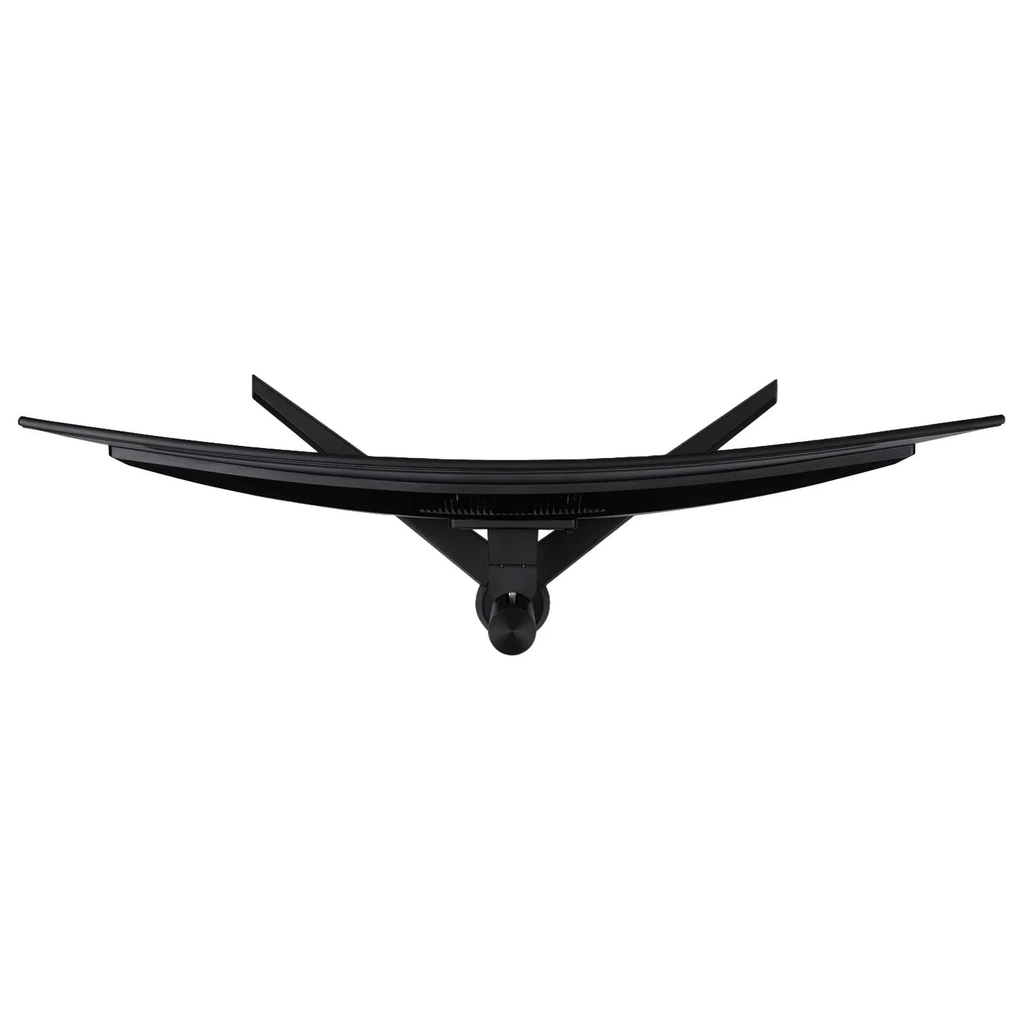 Top view of a sleek black curved computer monitor with dual angled stands