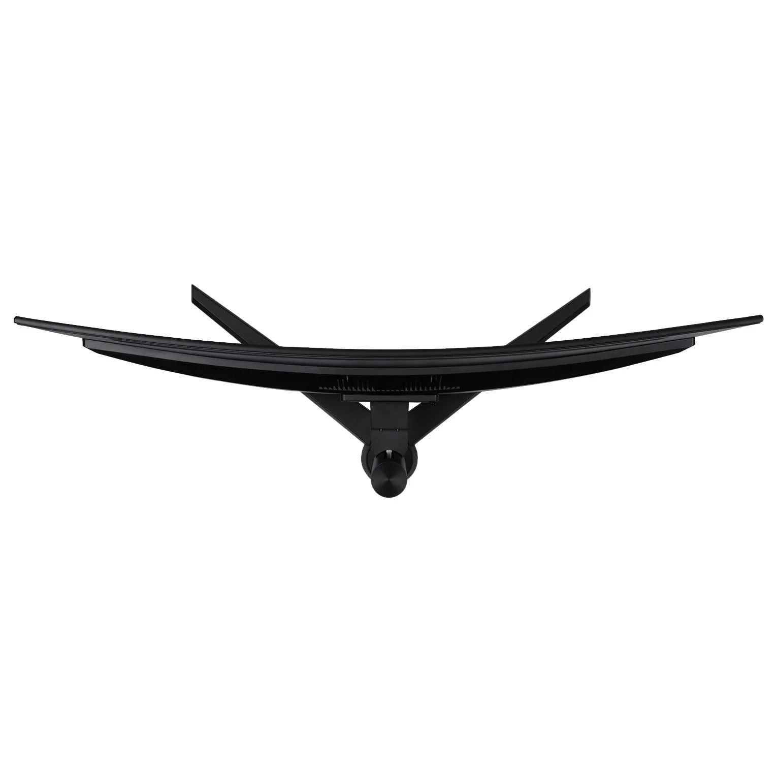 Top view of a sleek black curved computer monitor with dual angled stands