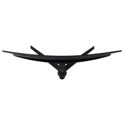 Top view of a sleek black curved computer monitor with dual angled stands