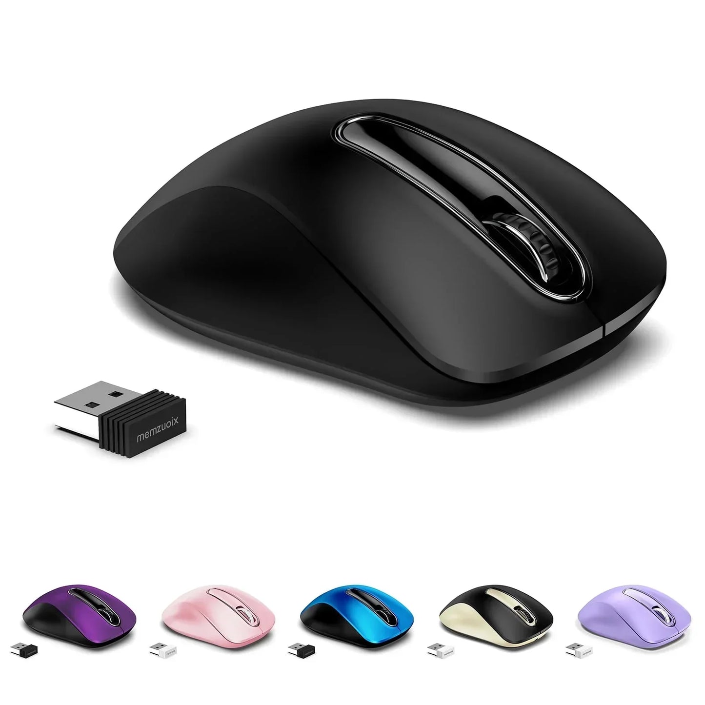 Wireless gaming mouse in black, USB receiver, five color options shown