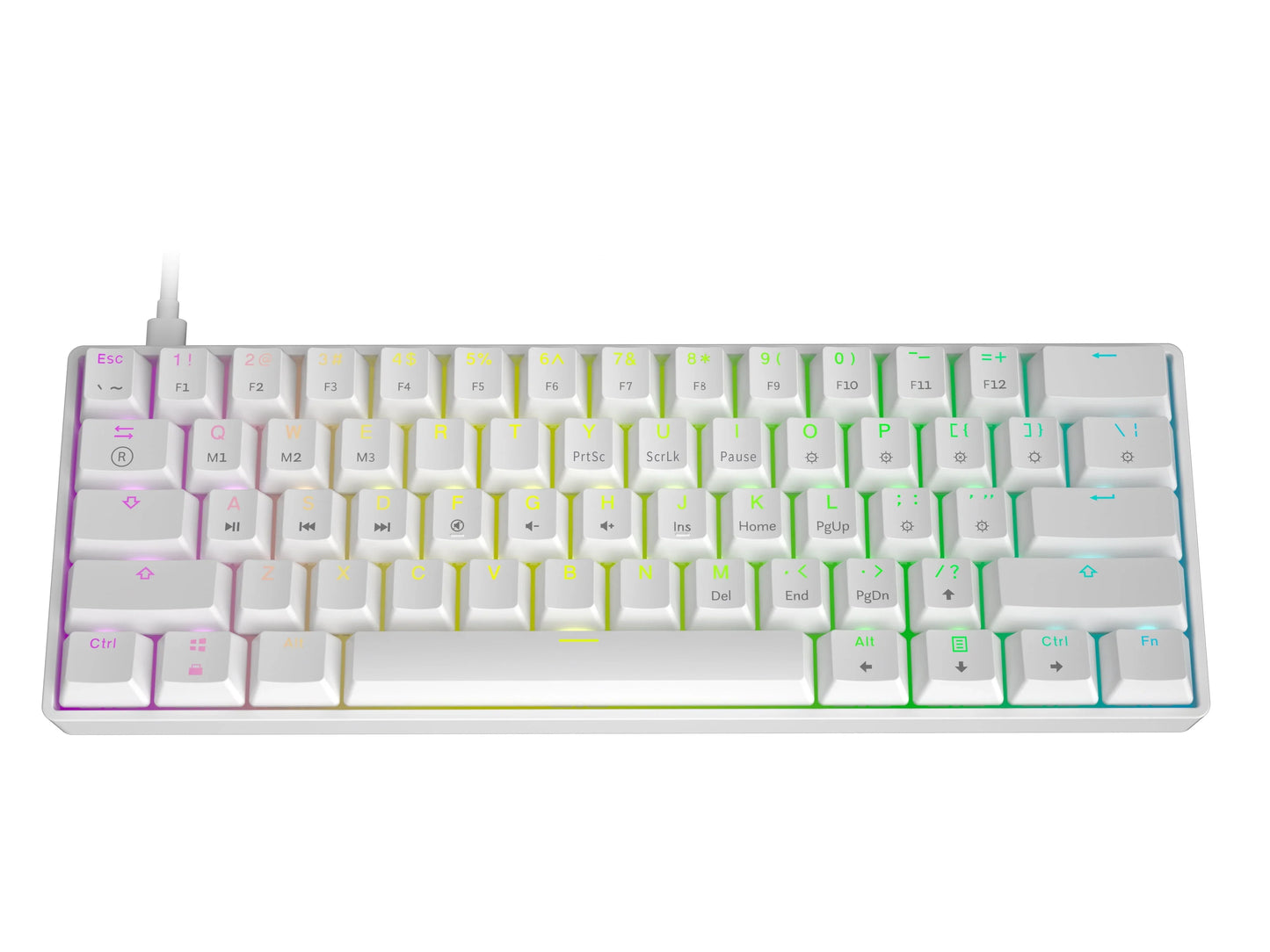 Compact white mechanical keyboard with RGB backlit keys and wired connection on white background