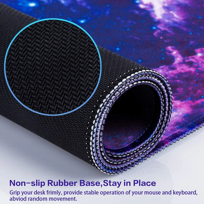 Rolled gaming mouse pad with non-slip rubber base and galaxy-themed surface for stable desk grip