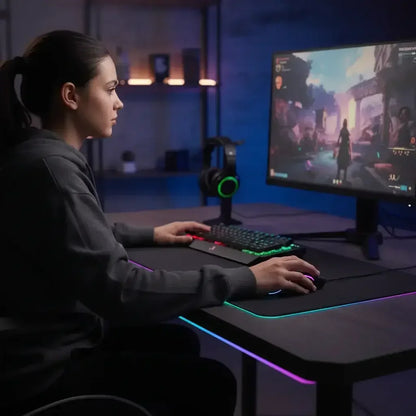 Woman gaming on PC with RGB mechanical keyboard and mouse in dark room with headset