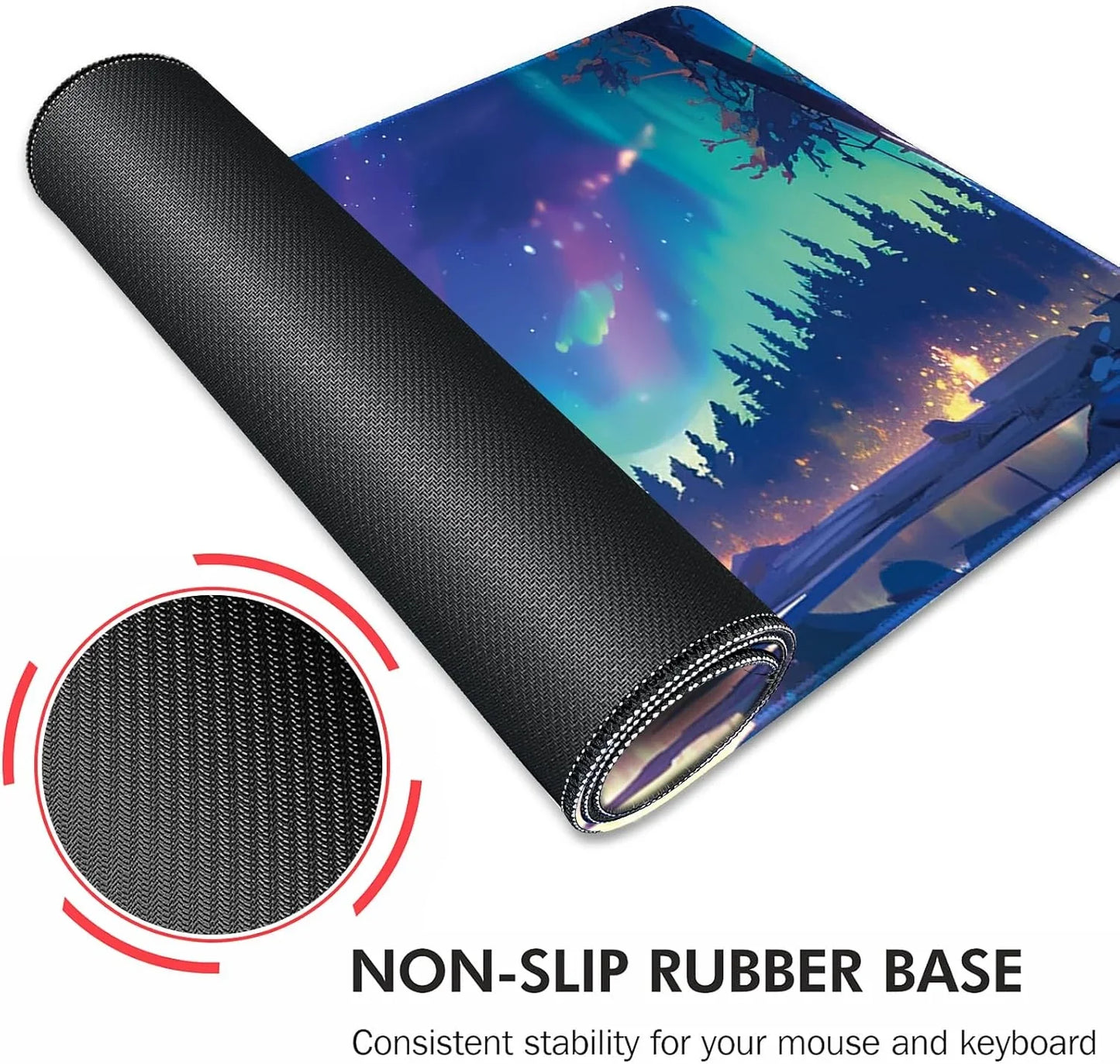 Rolled gaming mouse pad with vibrant aurora forest design and non-slip rubber base for stability