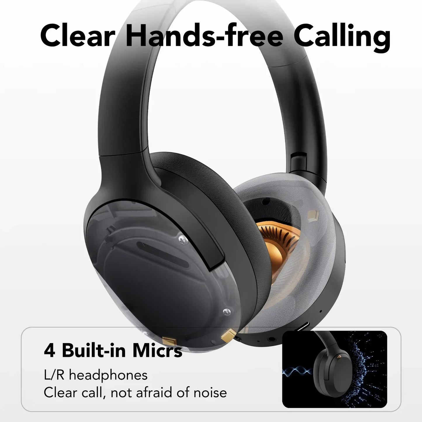 Black wireless over-ear headphones with 4 built-in mics for clear hands-free calls
