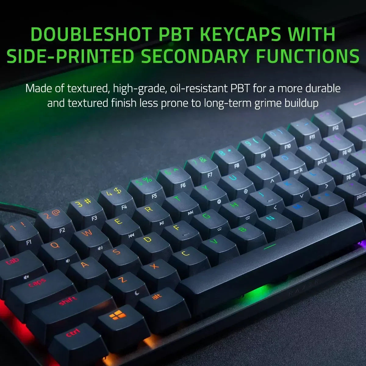 Close-up of RGB gaming keyboard with doubleshot PBT keycaps and side-printed functions