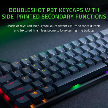 Close-up of RGB gaming keyboard with doubleshot PBT keycaps and side-printed functions