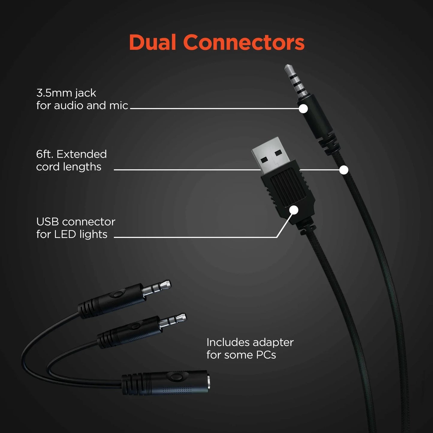Dual connectors cable with 3.5mm audio jack, USB for LED lights, 6ft cord, and PC adapter