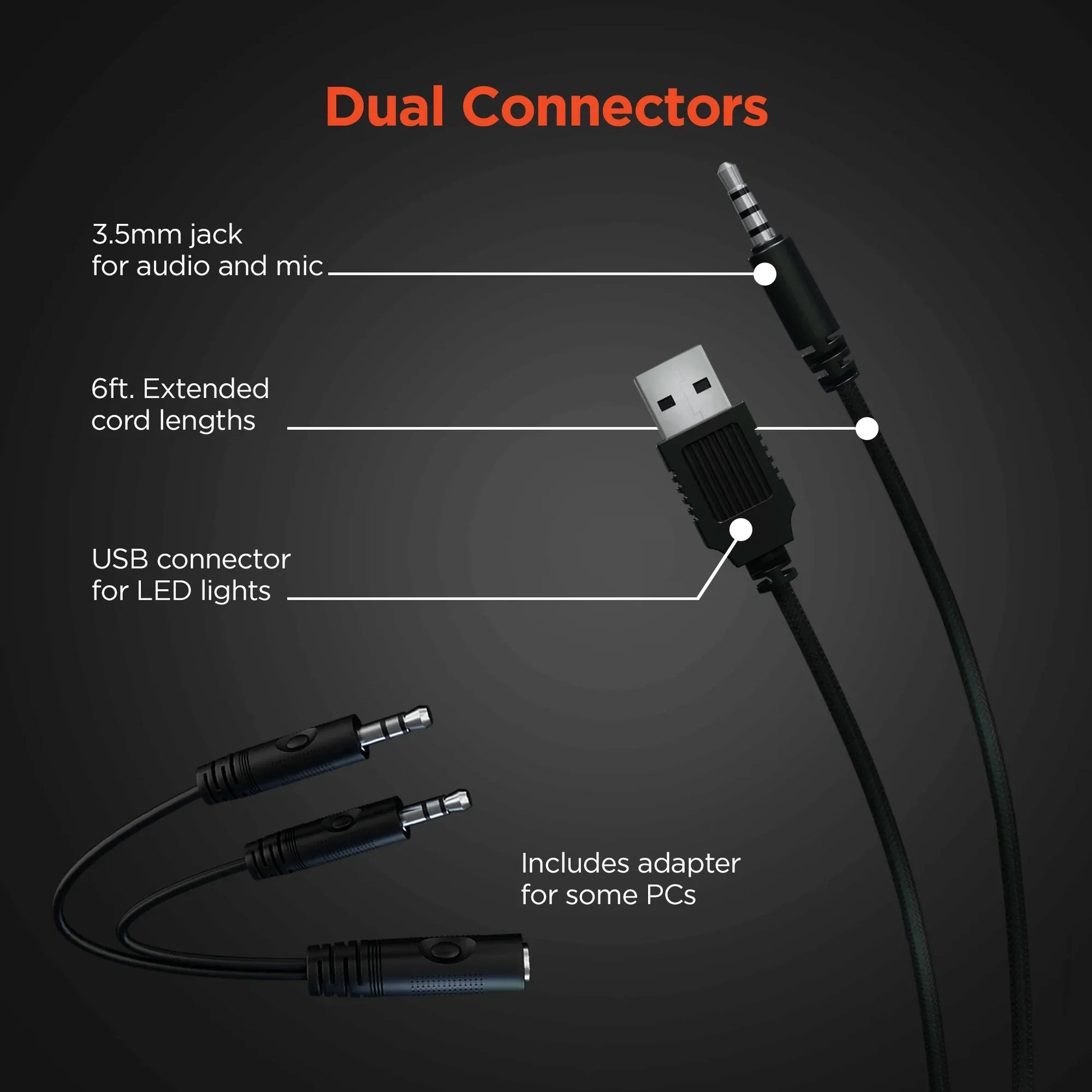 Dual connectors cable with 3.5mm audio jack, USB for LED lights, 6ft cord, and PC adapter