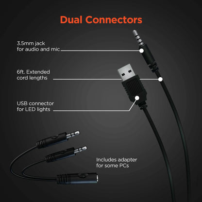 Dual connectors cable with 3.5mm audio jack, USB for LED lights, 6ft cord, and PC adapter