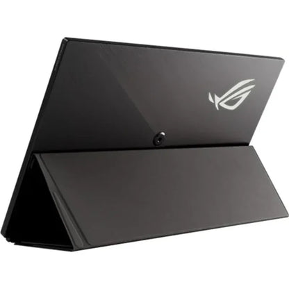 Black ASUS ROG gaming portable monitor propped up with foldable stand on white background