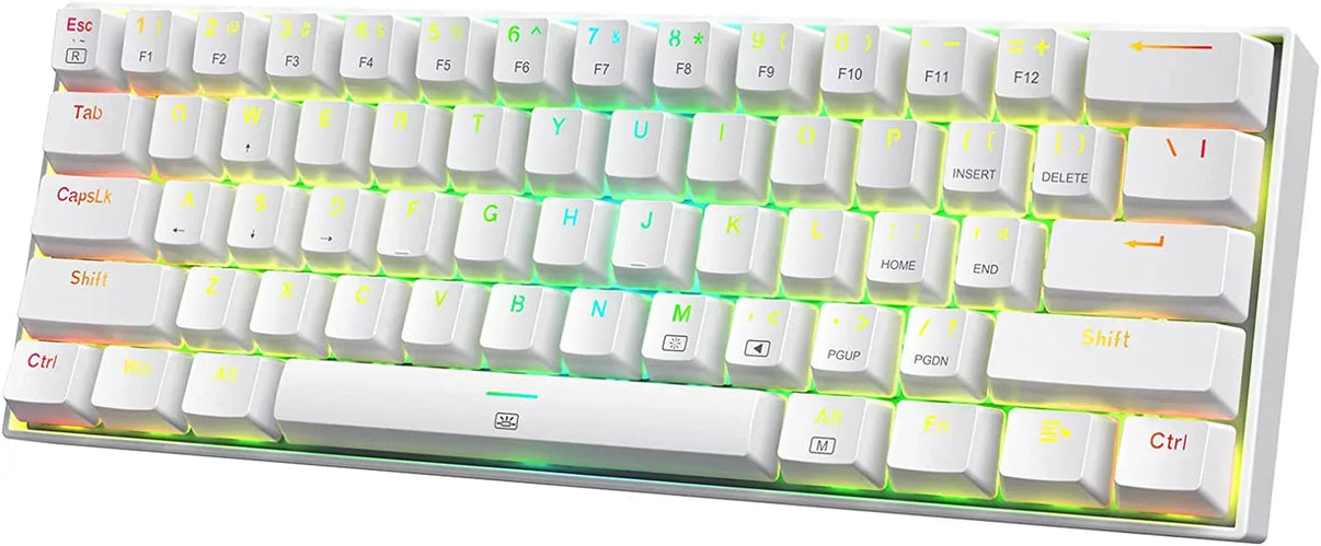 White compact RGB mechanical gaming keyboard with colorful backlit keys, modern desk setup