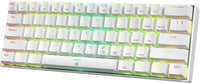White compact RGB mechanical gaming keyboard with colorful backlit keys, modern desk setup