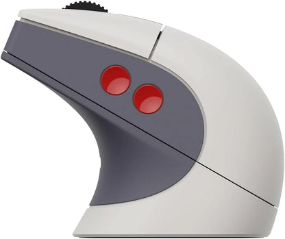 Retro-inspired ergonomic gaming mouse with gray body and two red side buttons