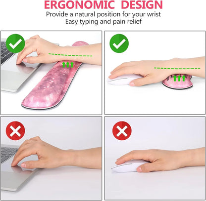 Ergonomic wrist rest pad in pink pattern supporting wrists while using laptop and mouse for pain relief