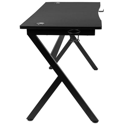 Black gaming desk with X-shaped metal legs and cup holder on white background