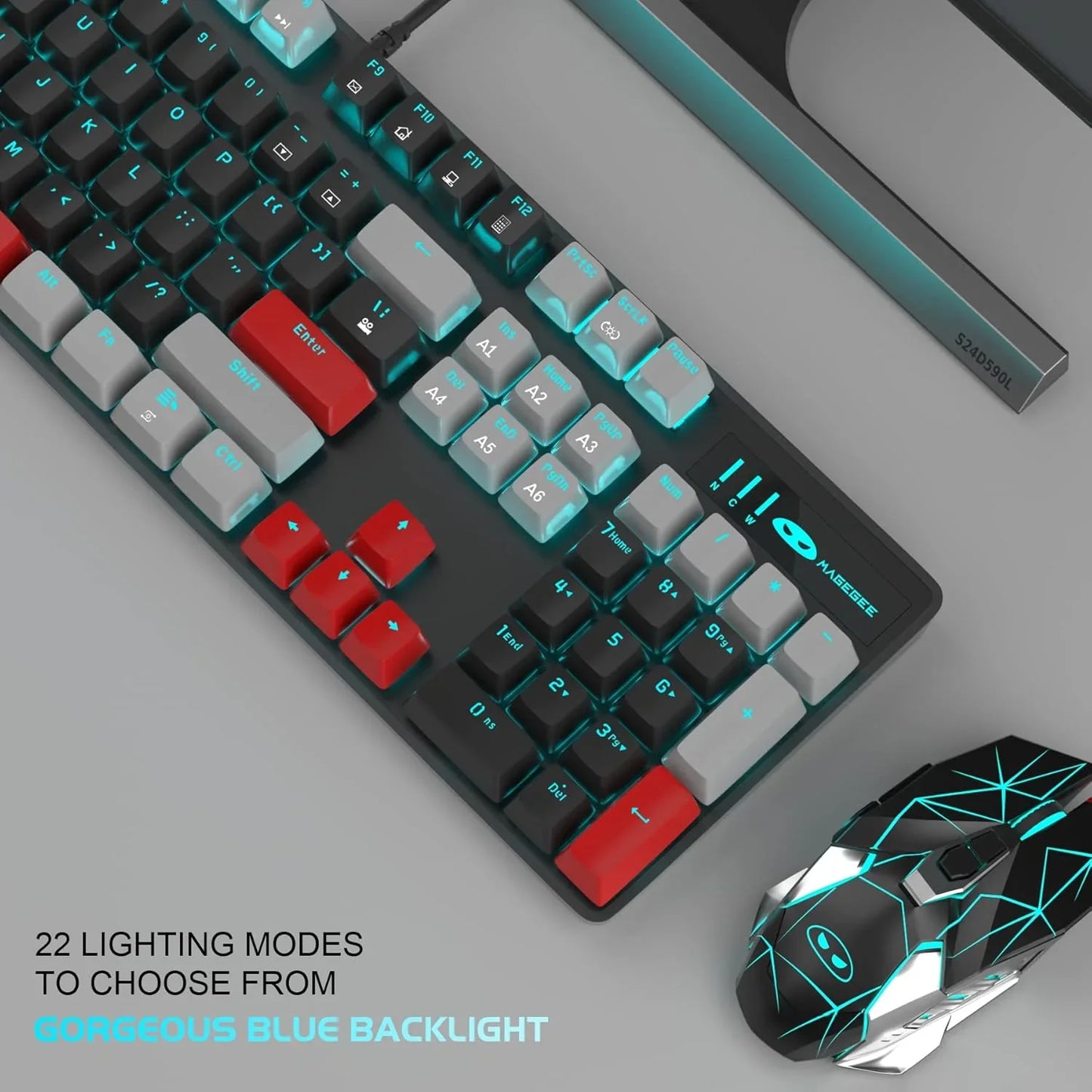 Gaming keyboard and mouse with customizable blue RGB backlight and red accents, featuring 22 lighting modes
