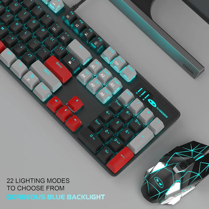 Gaming keyboard and mouse with customizable blue RGB backlight and red accents, featuring 22 lighting modes