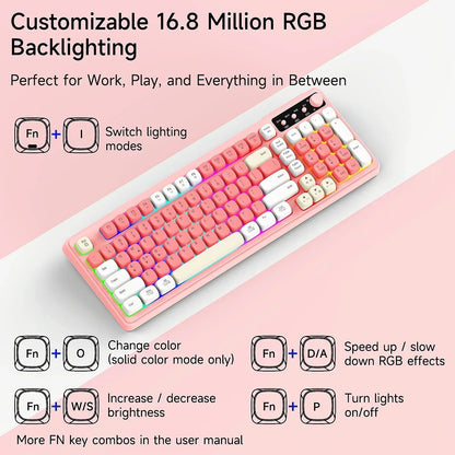 Pink RGB mechanical keyboard with customizable lighting, for gaming setups at Byte Style.