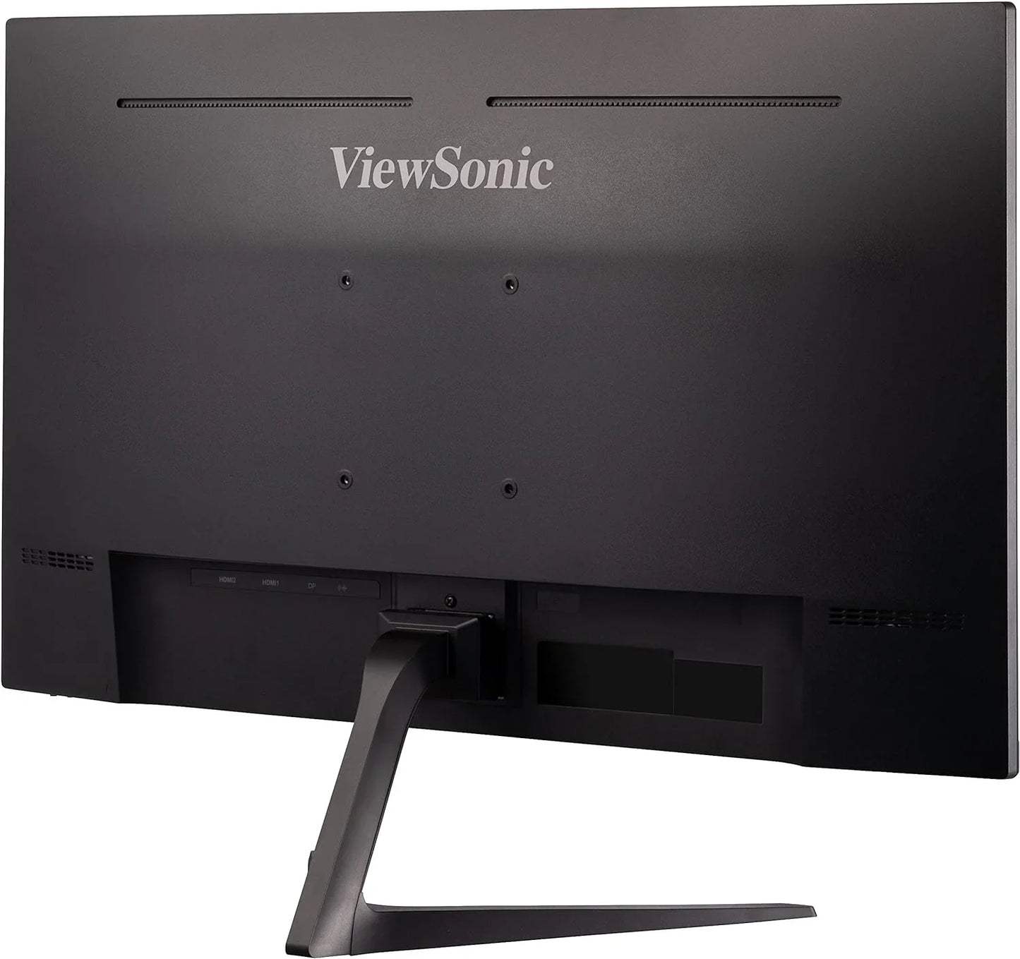 Rear view of a black ViewSonic gaming monitor with stand and HDMI and DisplayPort inputs