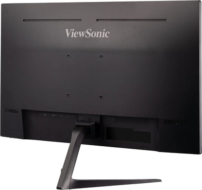 Rear view of a black ViewSonic gaming monitor with stand and HDMI and DisplayPort inputs