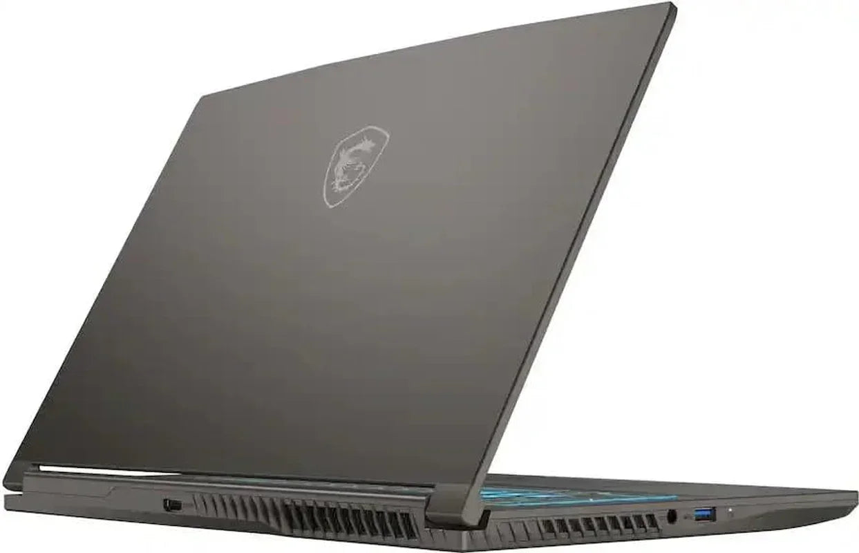 Sleek gaming laptop with backlit keyboard, side vents, and subtle logo, angled open