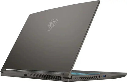 Sleek gaming laptop with backlit keyboard, side vents, and subtle logo, angled open