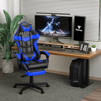 Blue and black gaming chair with footrest at a desk setup featuring dual monitors and PC