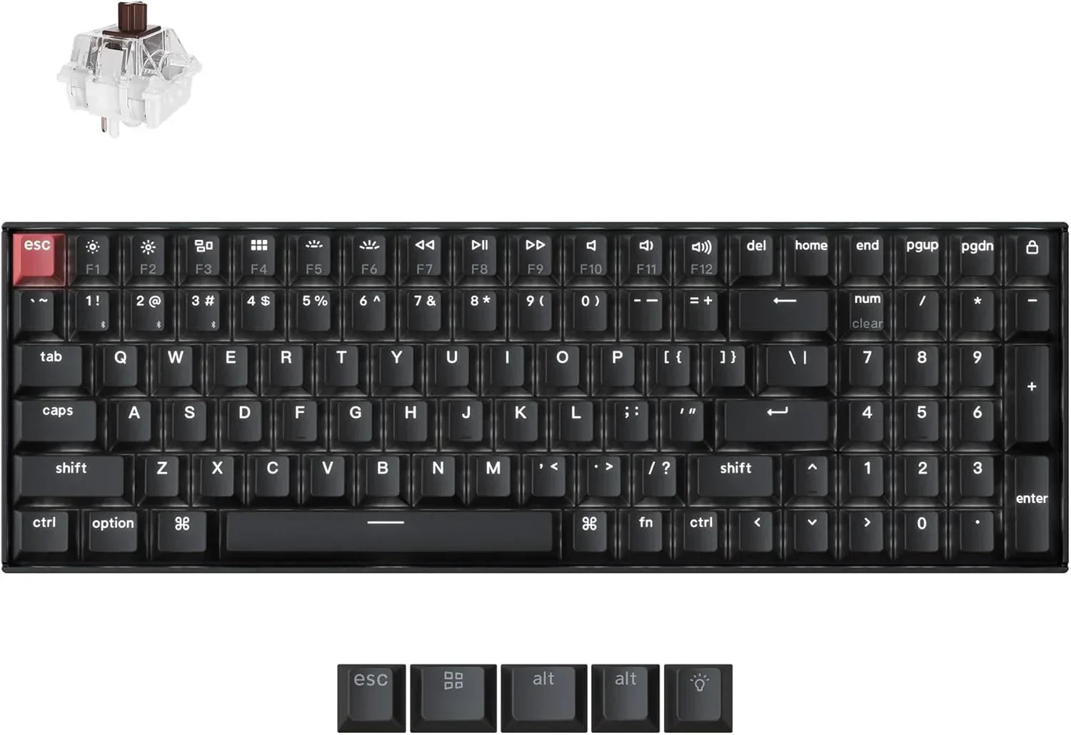 Black mechanical gaming keyboard with red escape key, extra keycaps, and brown switch, Byte Style