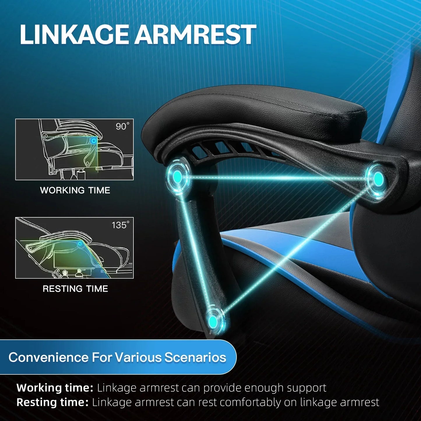 Black and blue gaming chair linkage armrest with adjustable angles for working and resting time