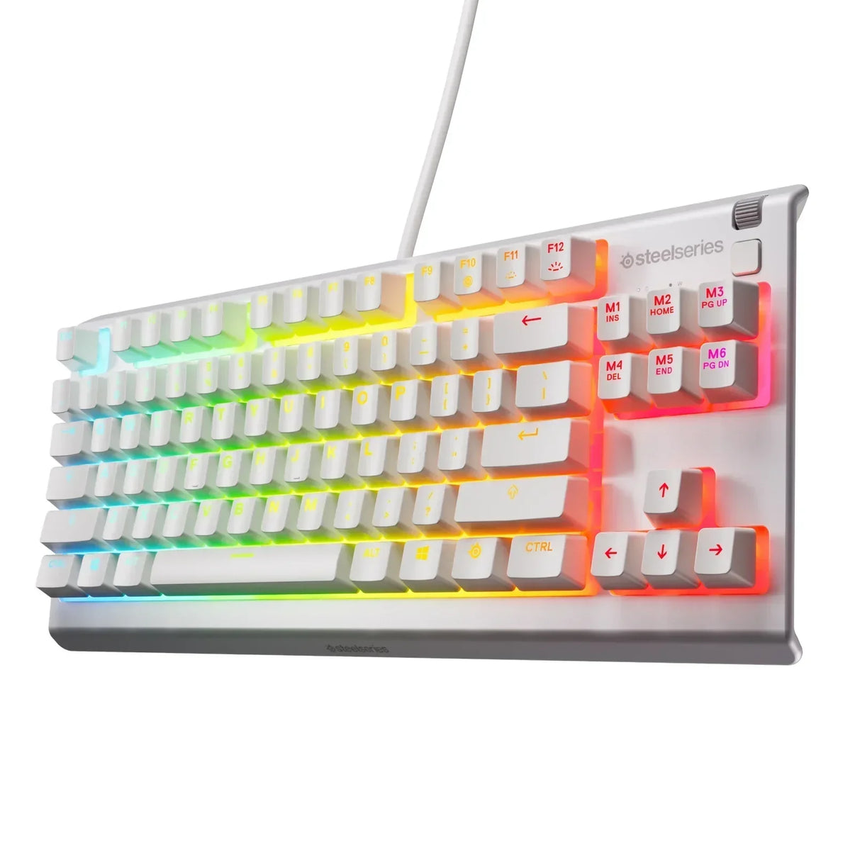 White RGB gaming keyboard with rainbow backlight, SteelSeries branding, modern setup gear