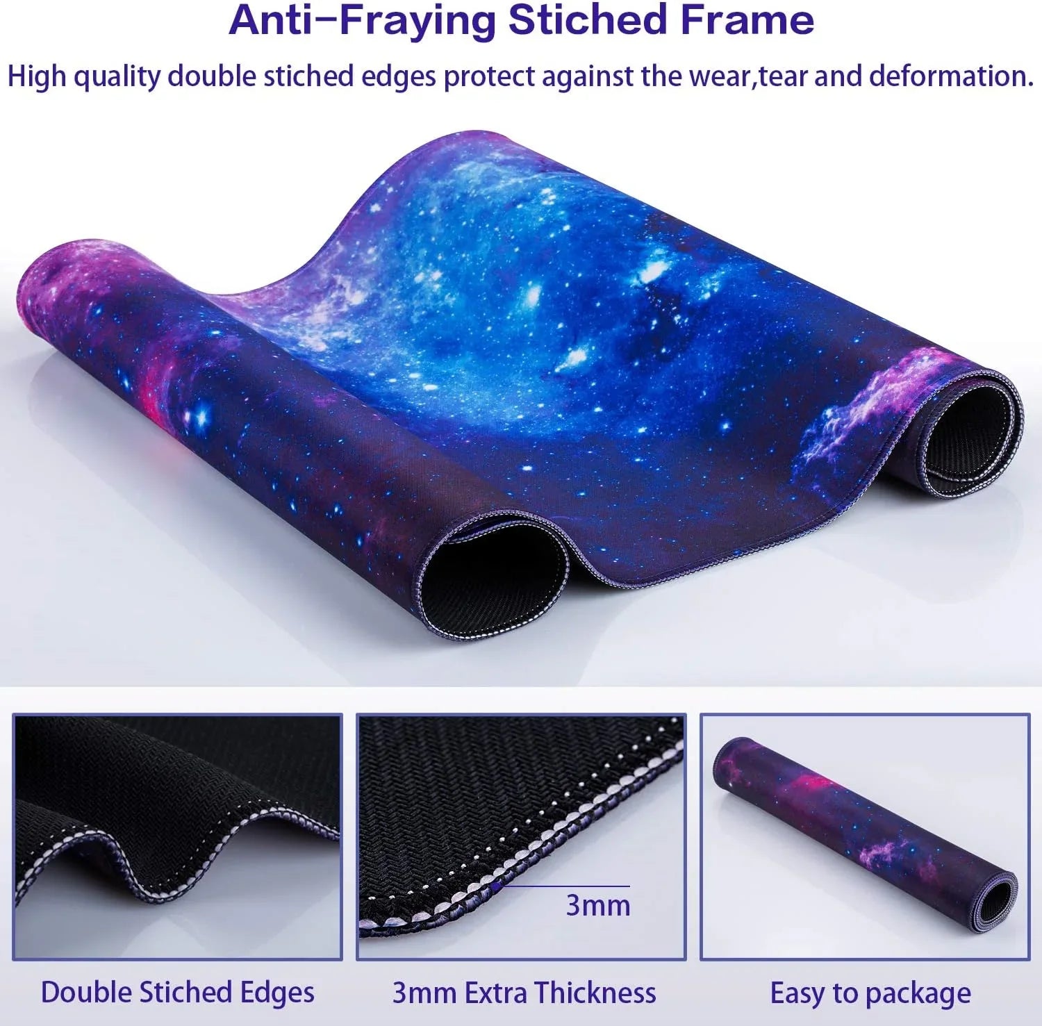 Galaxy-themed gaming mouse pad with anti-fraying double stitched edges, 3mm thickness, and rolled design