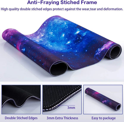 Galaxy-themed gaming mouse pad with anti-fraying double stitched edges, 3mm thickness, and rolled design