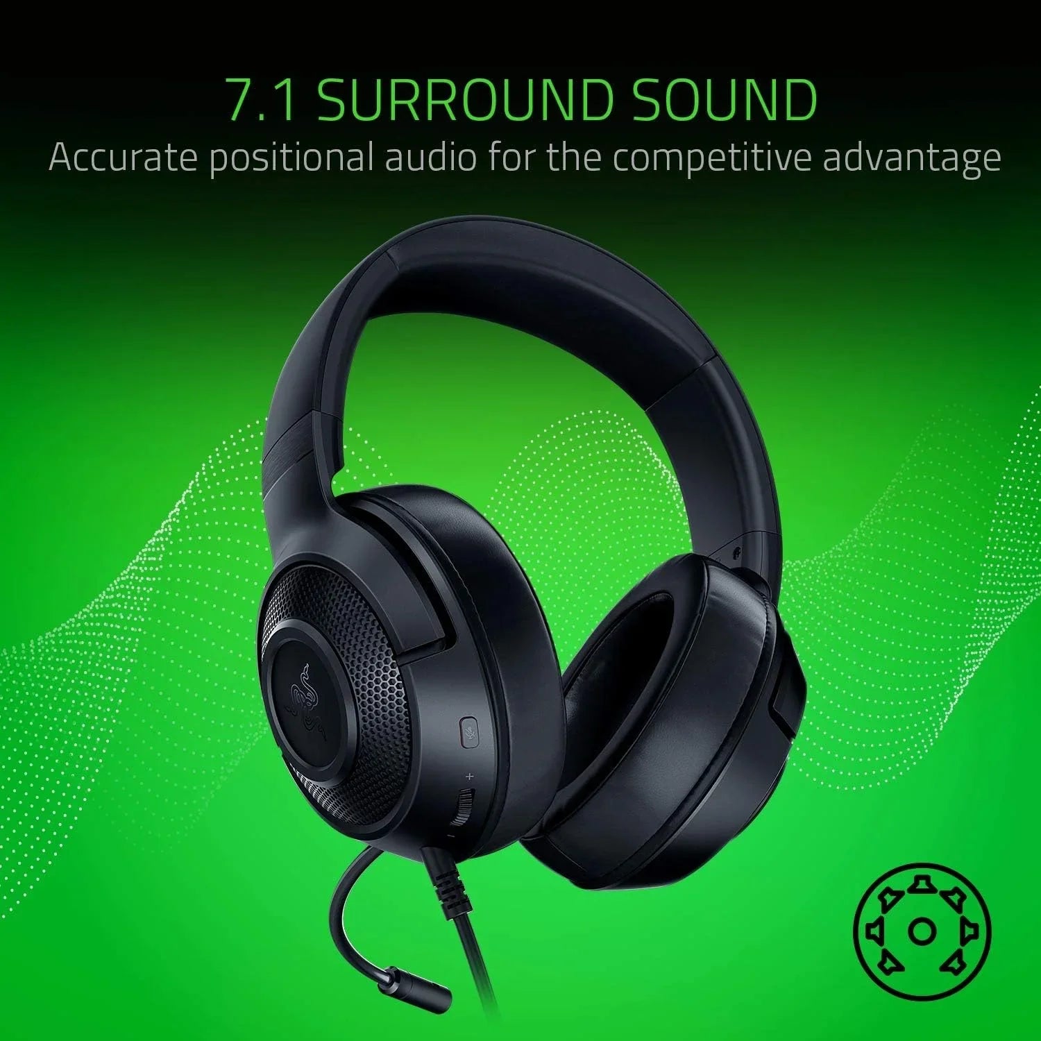 Black gaming headset with 7.1 surround sound and flexible microphone on green background