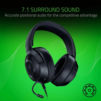 Black gaming headset with 7.1 surround sound and flexible microphone on green background