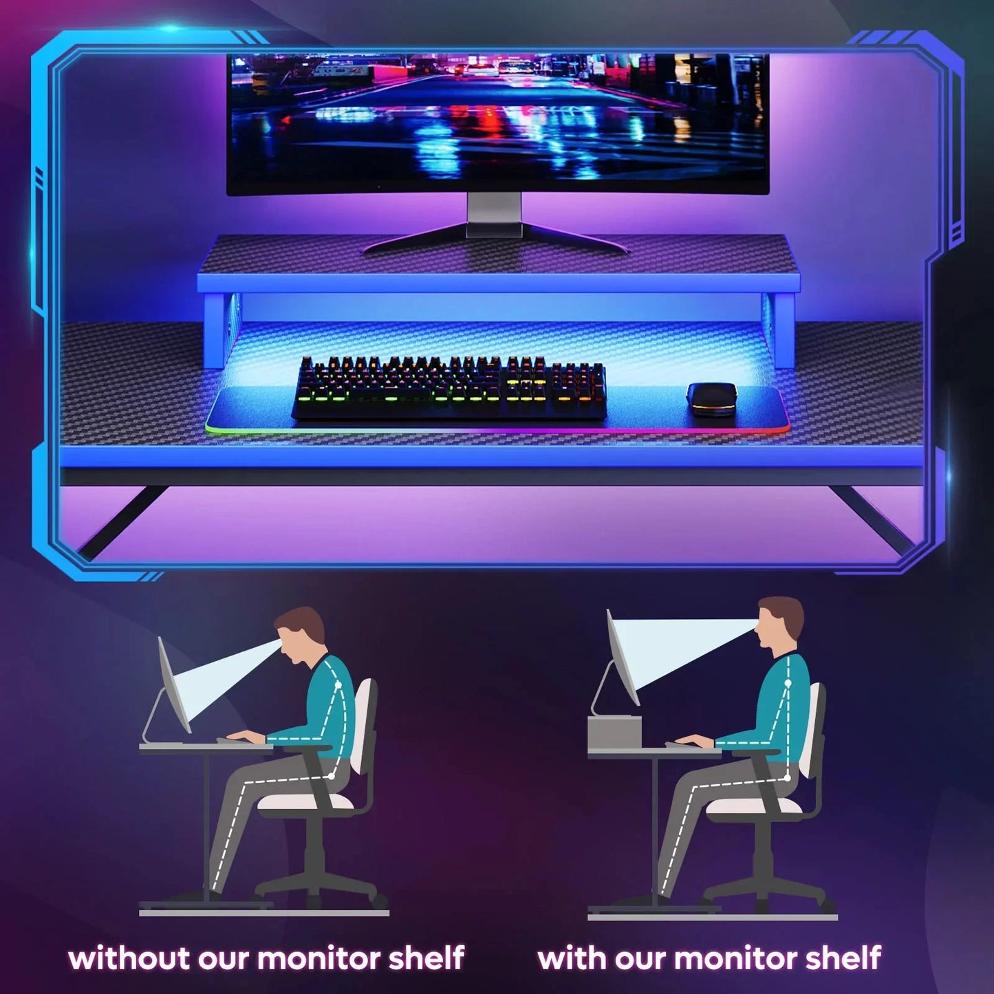 RGB backlit gaming keyboard and mouse on carbon fiber monitor shelf with ergonomic posture comparison infographic