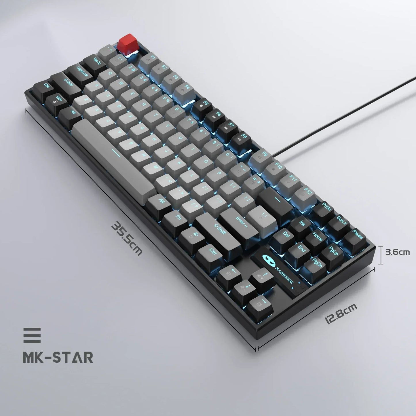 MK-STAR gaming mechanical keyboard with RGB lighting, grey keycaps, dimensions shown, Byte Style
