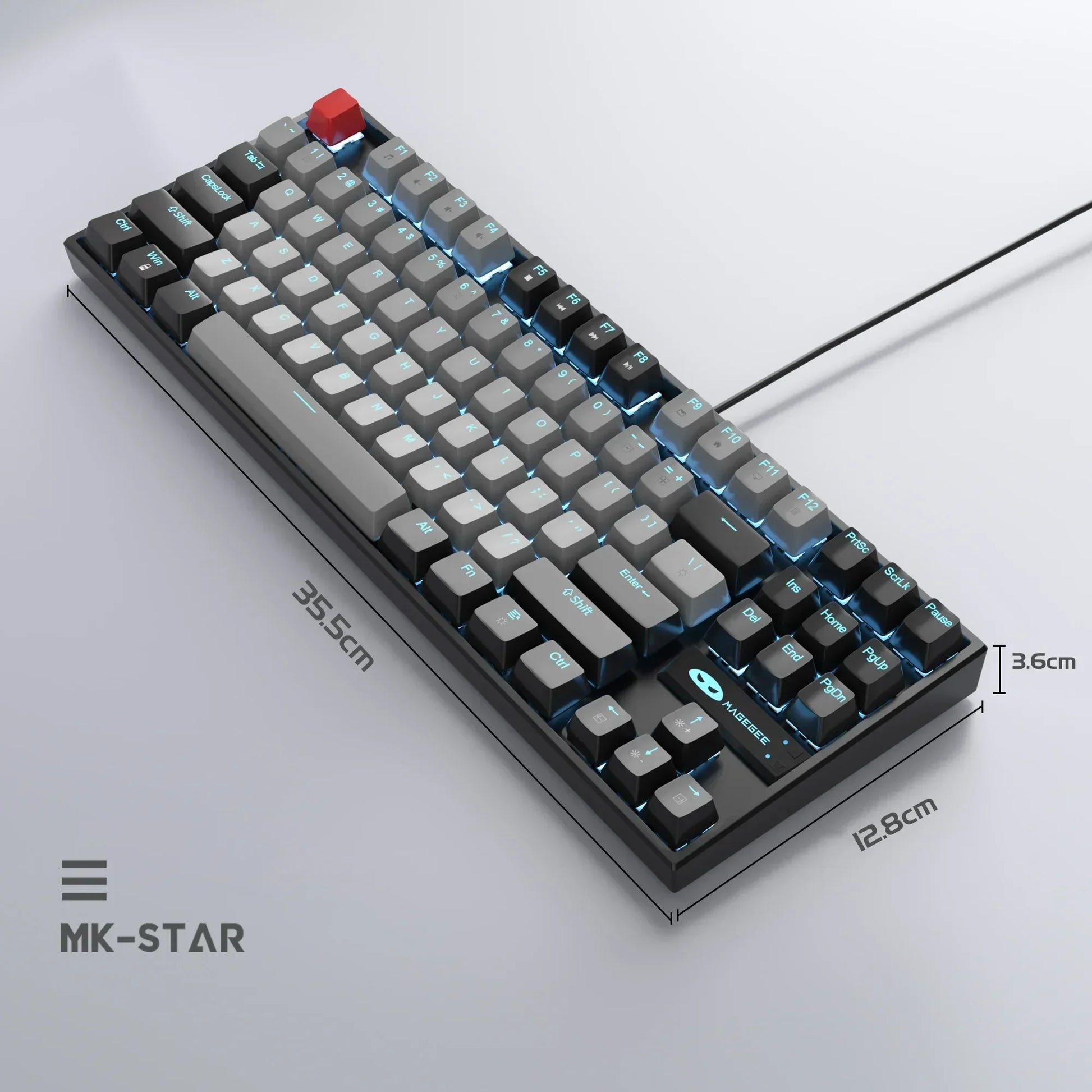 MK-STAR gaming mechanical keyboard with RGB lighting, grey keycaps, dimensions shown, Byte Style