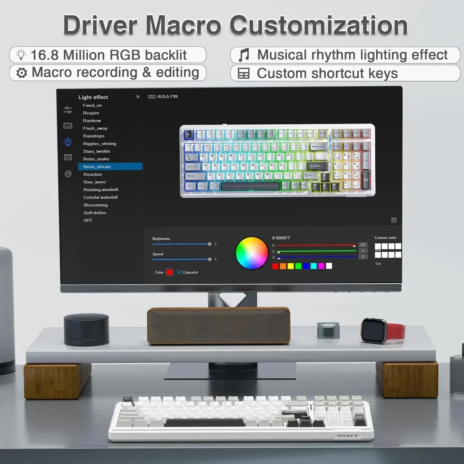 RGB gaming keyboard and desktop setup with macro customization software, Byte Style modern gear