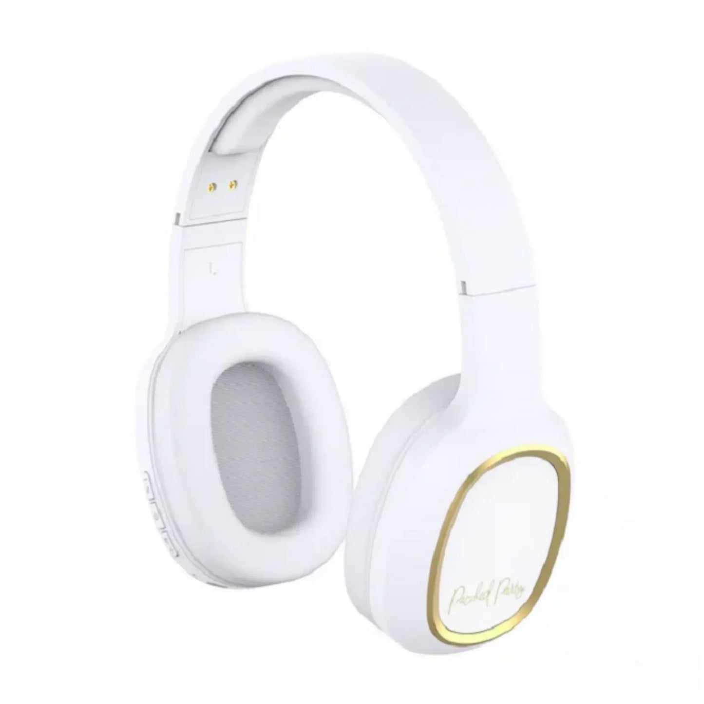 White over-ear wireless gaming headset with gold trim on ear cups
