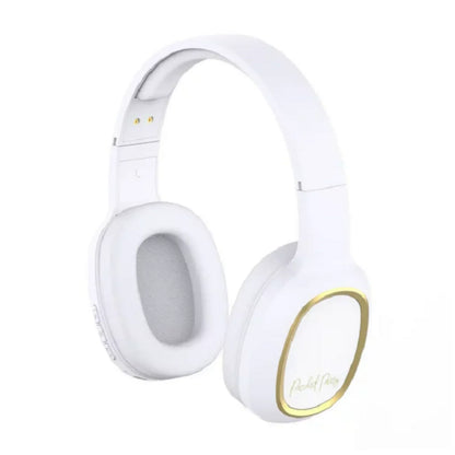 White over-ear wireless gaming headset with gold trim on ear cups